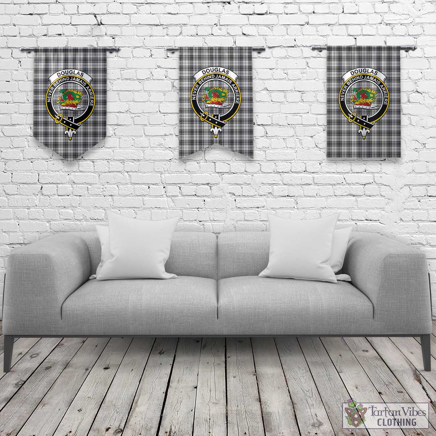 Tartan Vibes Clothing Douglas Grey Modern Tartan Gonfalon, Tartan Banner with Family Crest