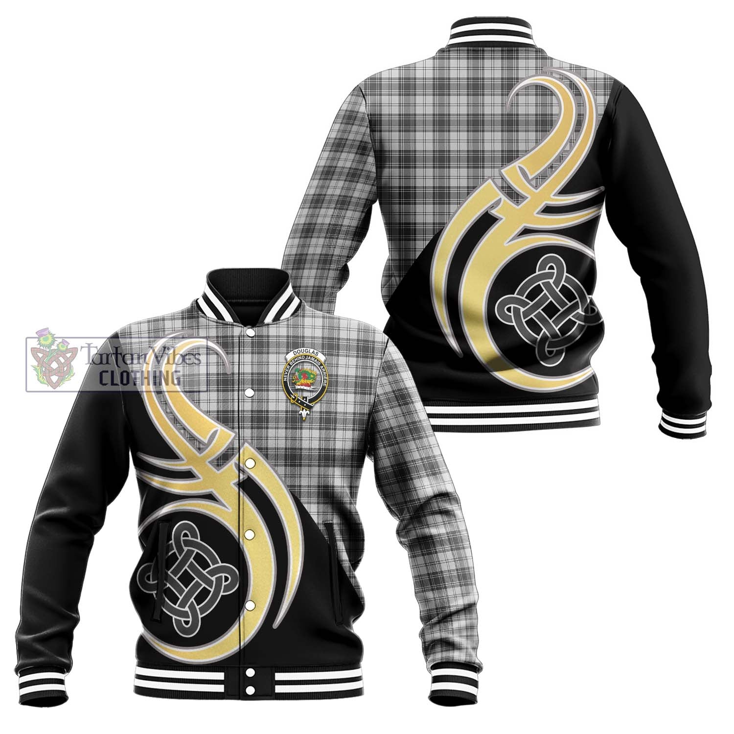 Douglas Grey Modern Tartan Baseball Jacket with Family Crest and Celtic Symbol Style Unisex - Tartan Vibes Clothing