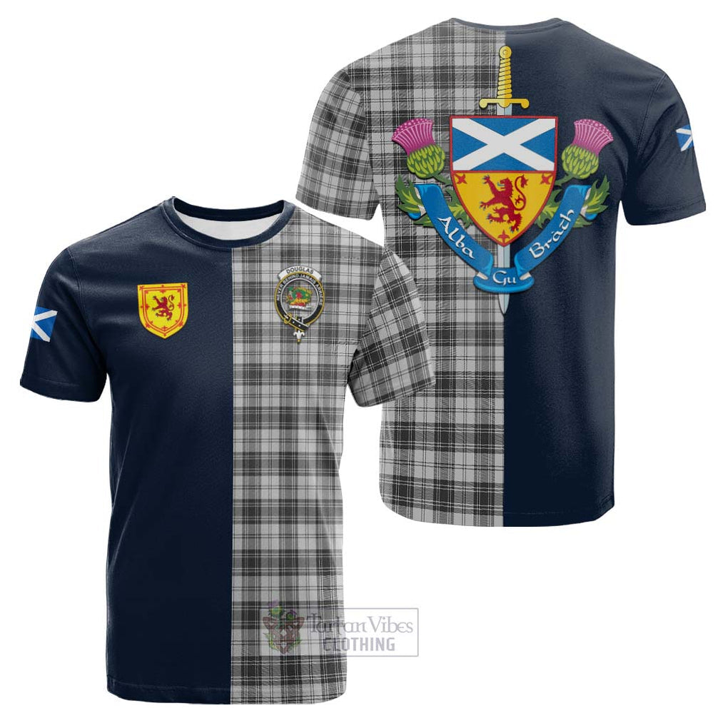 Tartan Vibes Clothing Douglas Grey Modern Tartan Cotton T-shirt with Scottish Lion Royal Arm Half Style