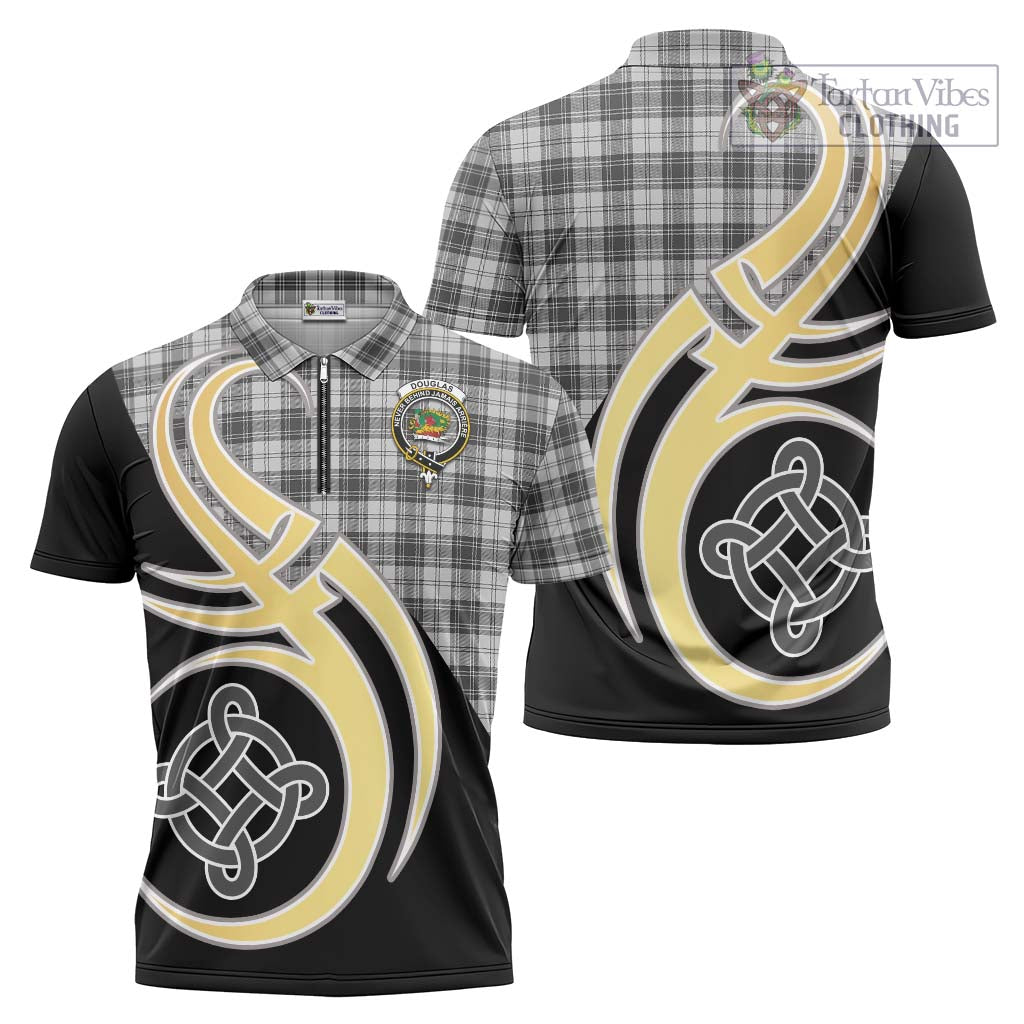 Tartan Vibes Clothing Douglas Grey Modern Tartan Zipper Polo Shirt with Family Crest and Celtic Symbol Style