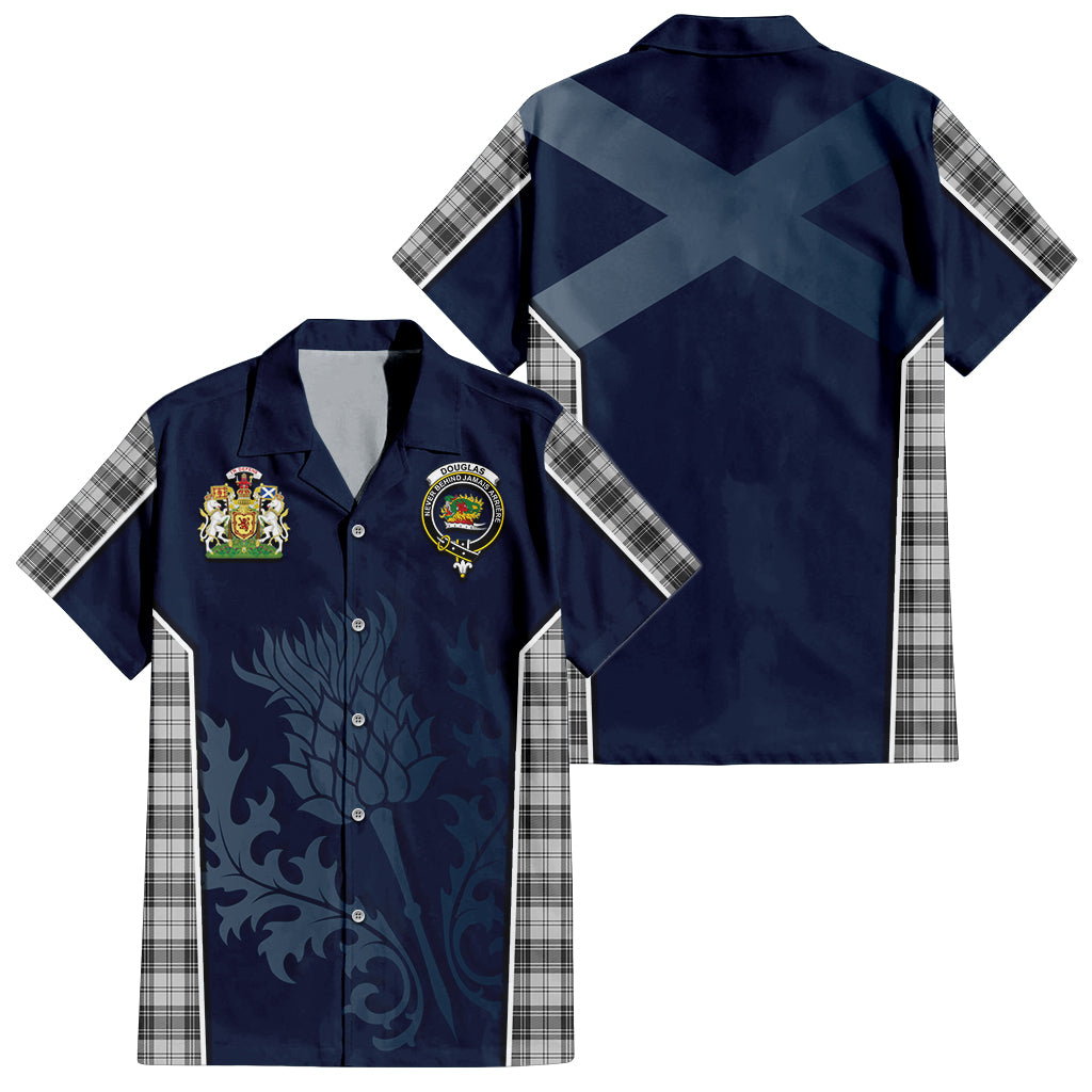 Tartan Vibes Clothing Douglas Grey Modern Tartan Short Sleeve Button Up Shirt with Family Crest and Scottish Thistle Vibes Sport Style