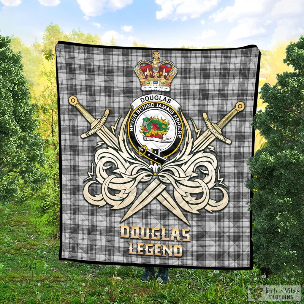 Tartan Vibes Clothing Douglas Grey Modern Tartan Quilt with Clan Crest and the Golden Sword of Courageous Legacy