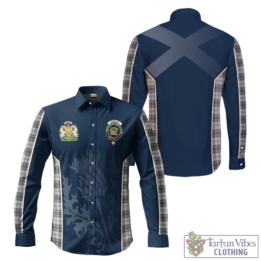 Tartan Vibes Clothing Douglas Grey Modern Tartan Long Sleeve Button Up Shirt with Family Crest and Scottish Thistle Vibes Sport Style