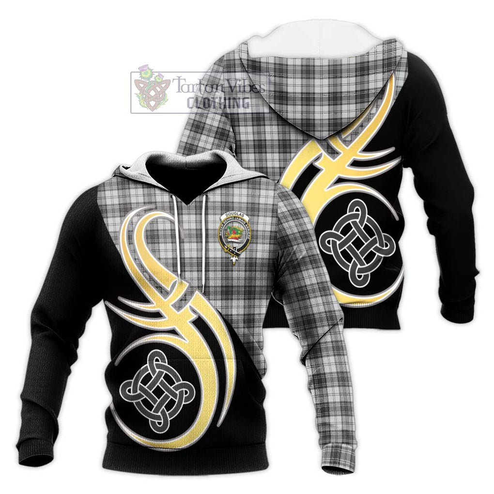 Douglas Grey Modern Tartan Knitted Hoodie with Family Crest and Celtic Symbol Style Unisex Knitted Pullover Hoodie - Tartan Vibes Clothing