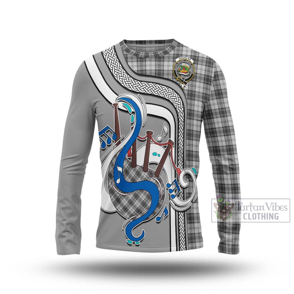 Tartan Vibes Clothing Douglas Grey Modern Tartan Long Sleeve T-Shirt with Epic Bagpipe Style