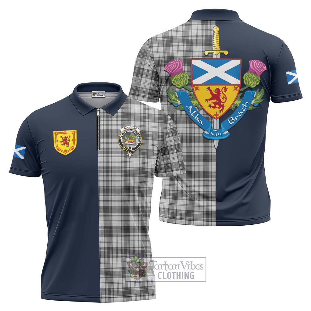 Tartan Vibes Clothing Douglas Grey Modern Tartan Zipper Polo Shirt with Scottish Lion Royal Arm Half Style