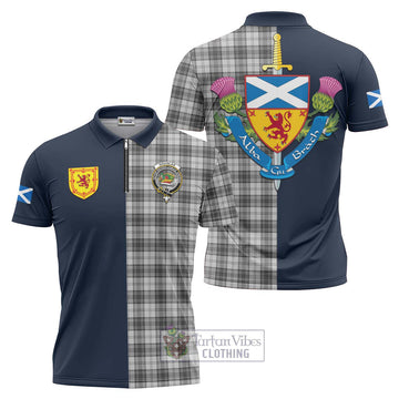 Douglas Grey Modern Tartan Zipper Polo Shirt Alba with Scottish Lion Royal Arm Half Style