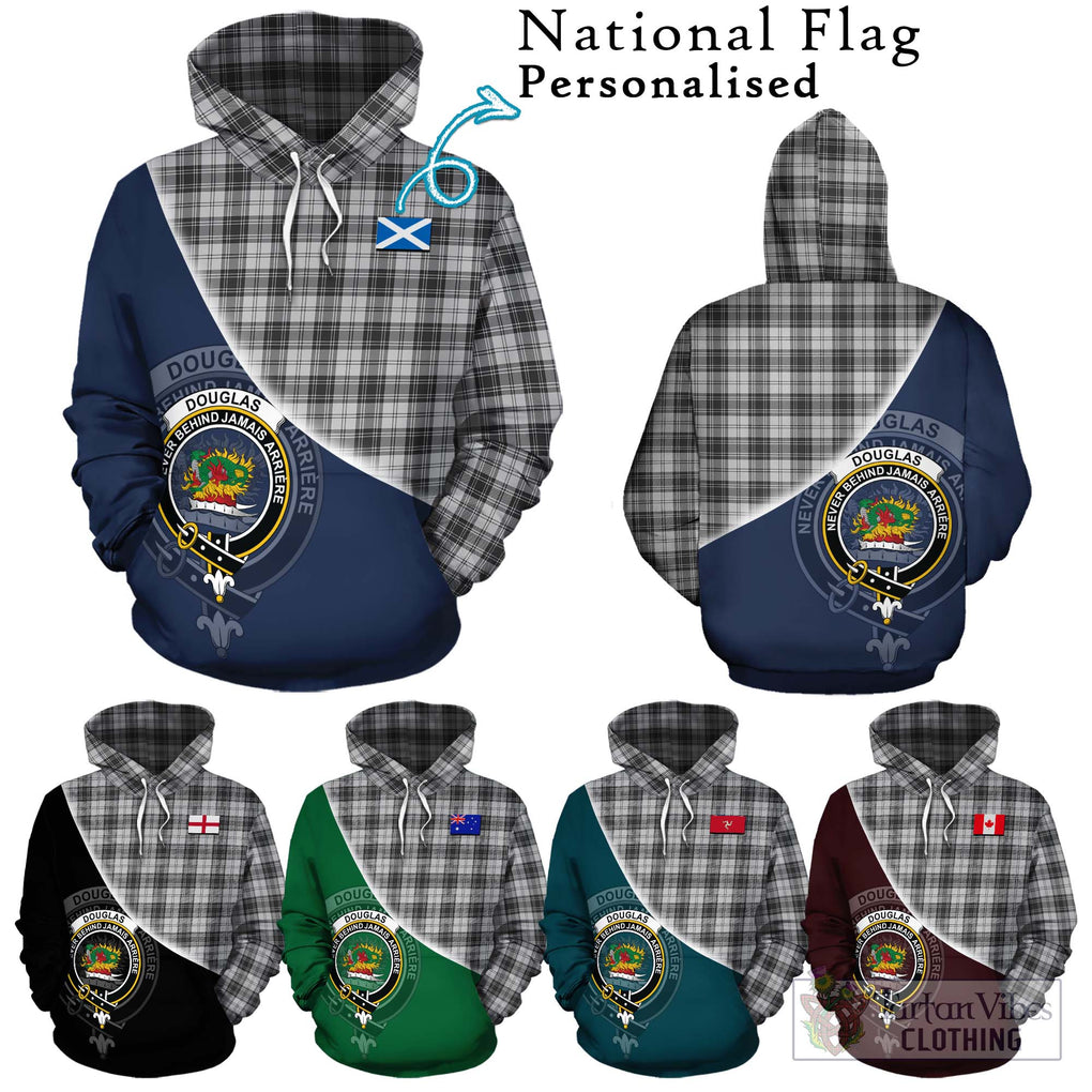 Douglas Grey Modern Tartan Hoodie with Personalised National Flag and Family Crest Half Style Zip Hoodie - Tartanvibesclothing Shop