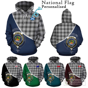 Douglas Grey Modern Tartan Hoodie with Personalised National Flag and Family Crest Half Style