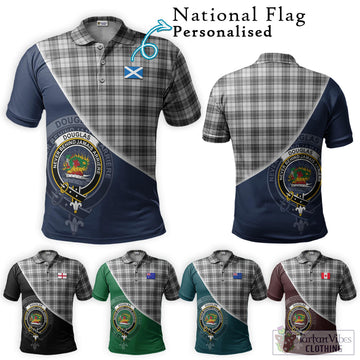 Douglas Grey Modern Tartan Polo Shirt with Personalised National Flag and Family Crest Half Style