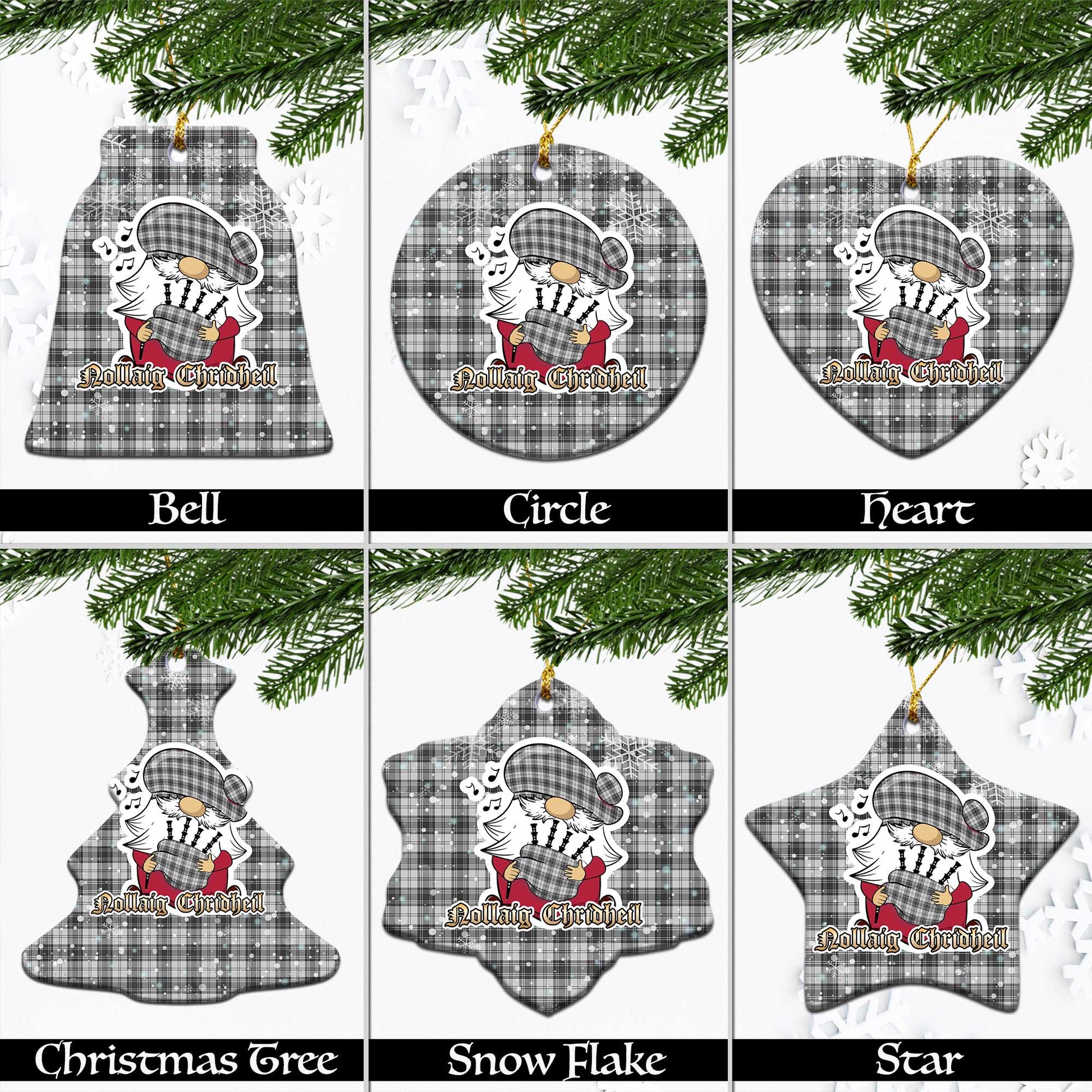 Douglas Grey Modern Tartan Christmas Ornaments with Scottish Gnome Playing Bagpipes Ceramic - Tartanvibesclothing