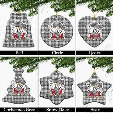 Douglas Grey Modern Tartan Christmas Ceramic Ornaments with Scottish Gnome Playing Bagpipes