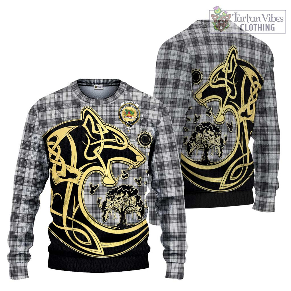 Douglas Grey Modern Tartan Knitted Sweater with Family Crest Celtic Wolf Style Unisex - Tartan Vibes Clothing