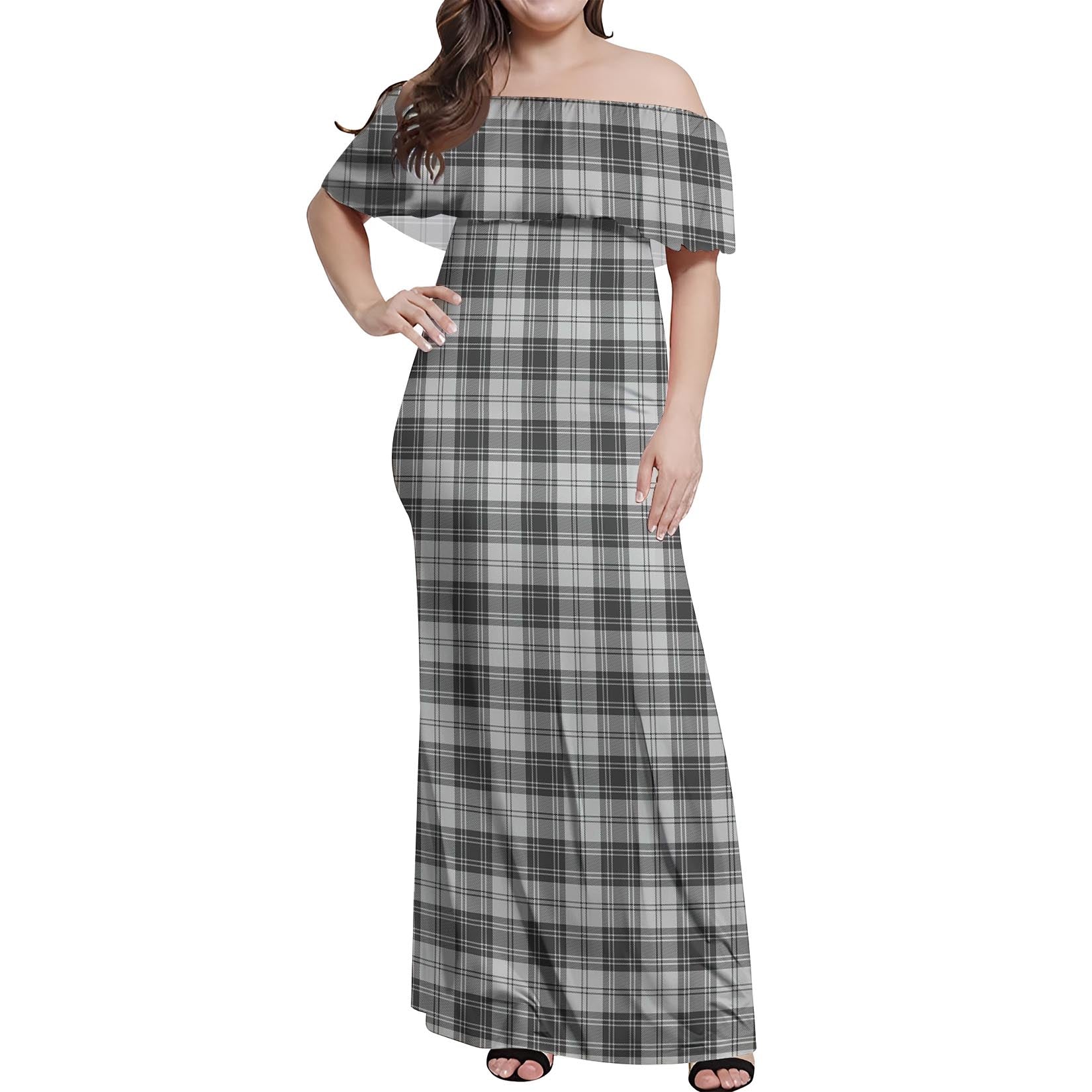 Douglas Grey Modern Tartan Off Shoulder Long Dress Women's Dress - Tartanvibesclothing