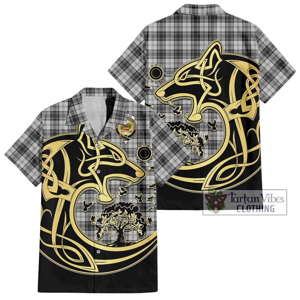 Douglas Grey Modern Tartan Short Sleeve Button Shirt with Family Crest Celtic Wolf Style Kid - Tartan Vibes Clothing