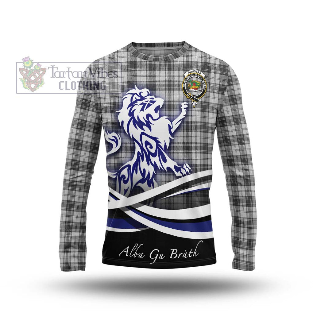 Douglas Grey Modern Tartan Long Sleeve T-Shirt with Alba Gu Brath Regal Lion Emblem Unisex - Tartanvibesclothing Shop