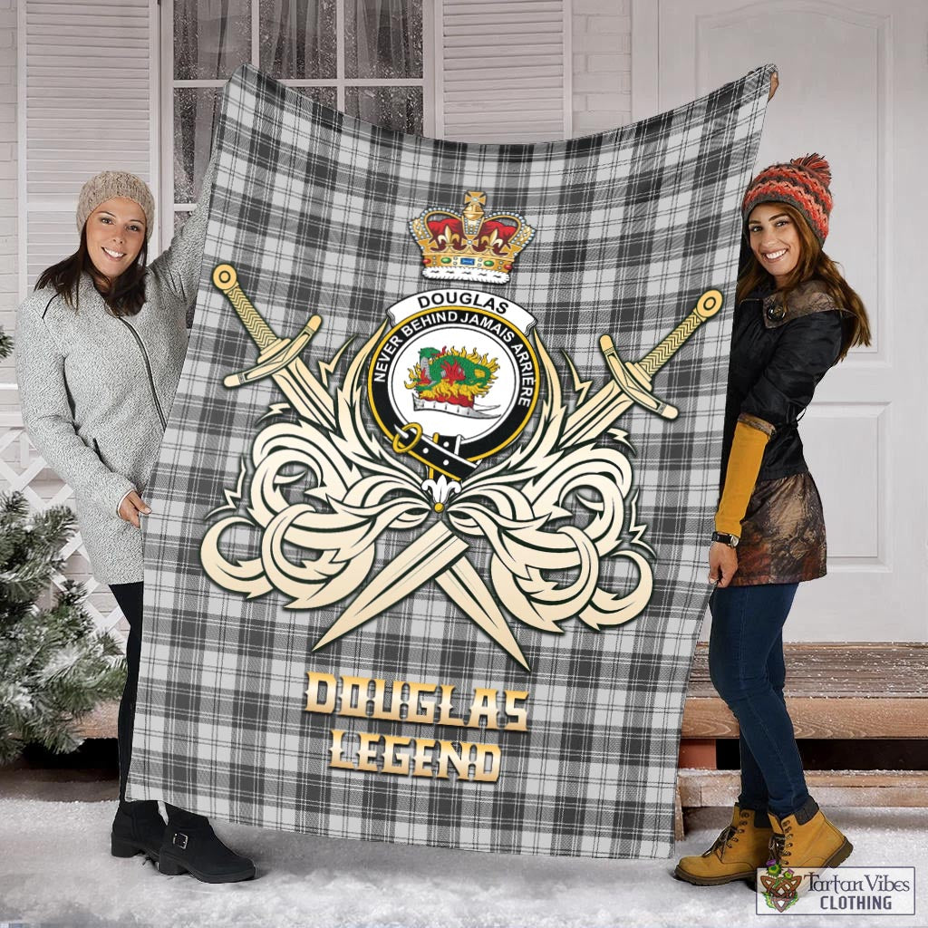 Tartan Vibes Clothing Douglas Grey Modern Tartan Blanket with Clan Crest and the Golden Sword of Courageous Legacy