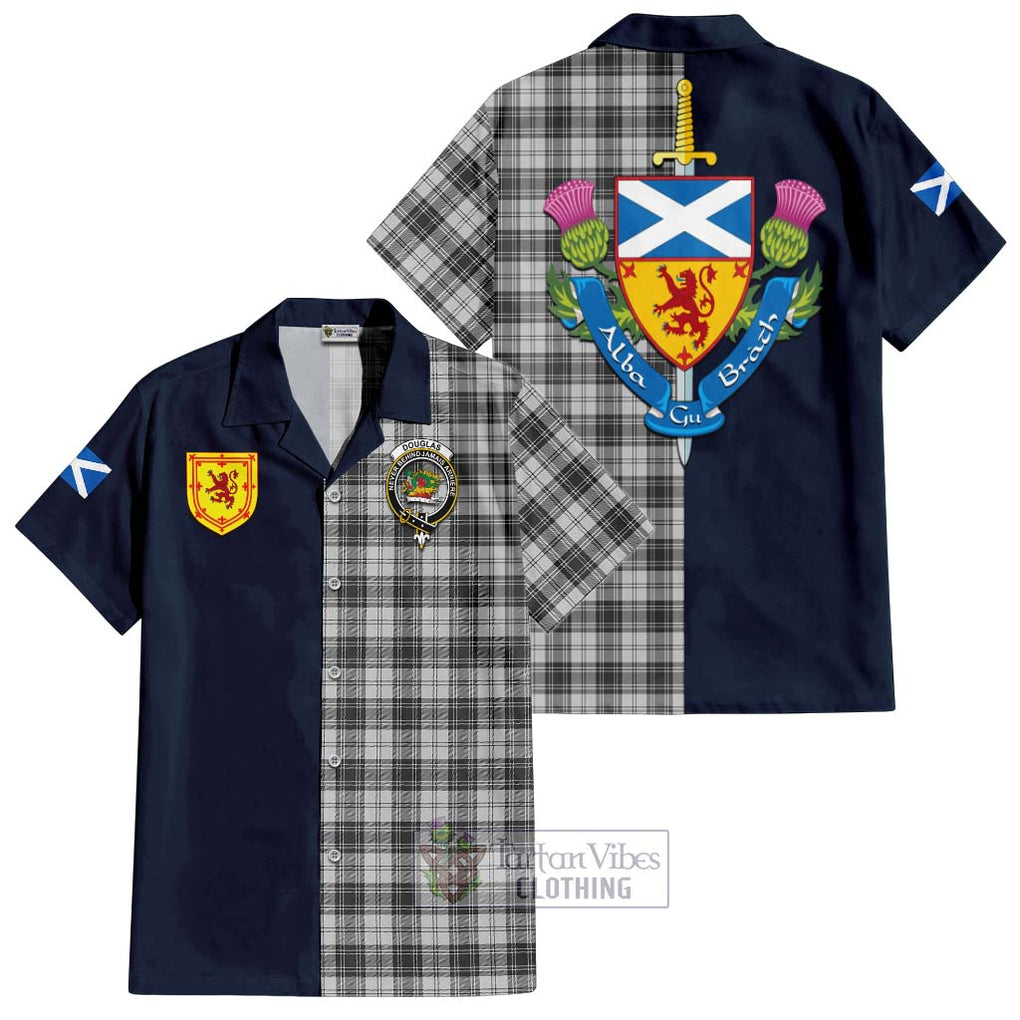 Tartan Vibes Clothing Douglas Grey Modern Tartan Short Sleeve Button Shirt with Scottish Lion Royal Arm Half Style