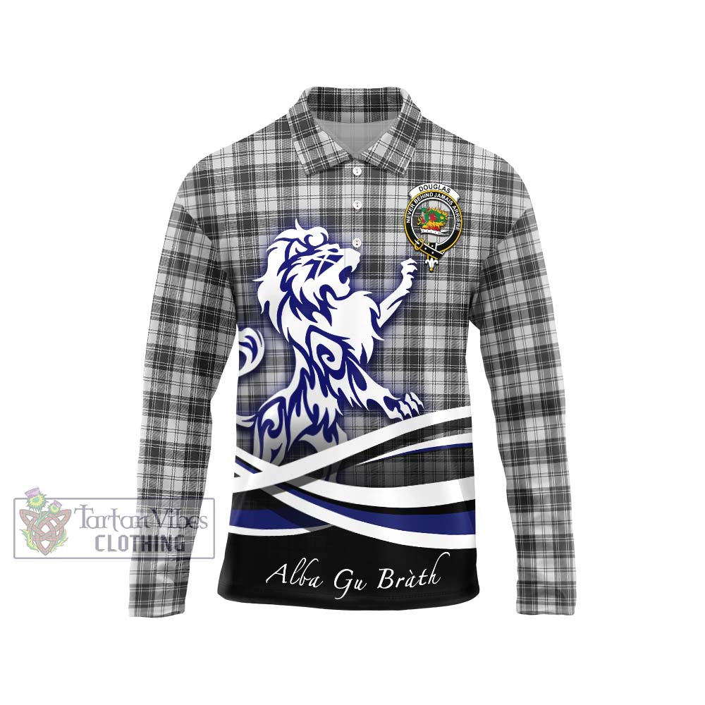 Douglas Grey Modern Tartan Long Sleeve Polo Shirt with Alba Gu Brath Regal Lion Emblem Unisex - Tartanvibesclothing Shop