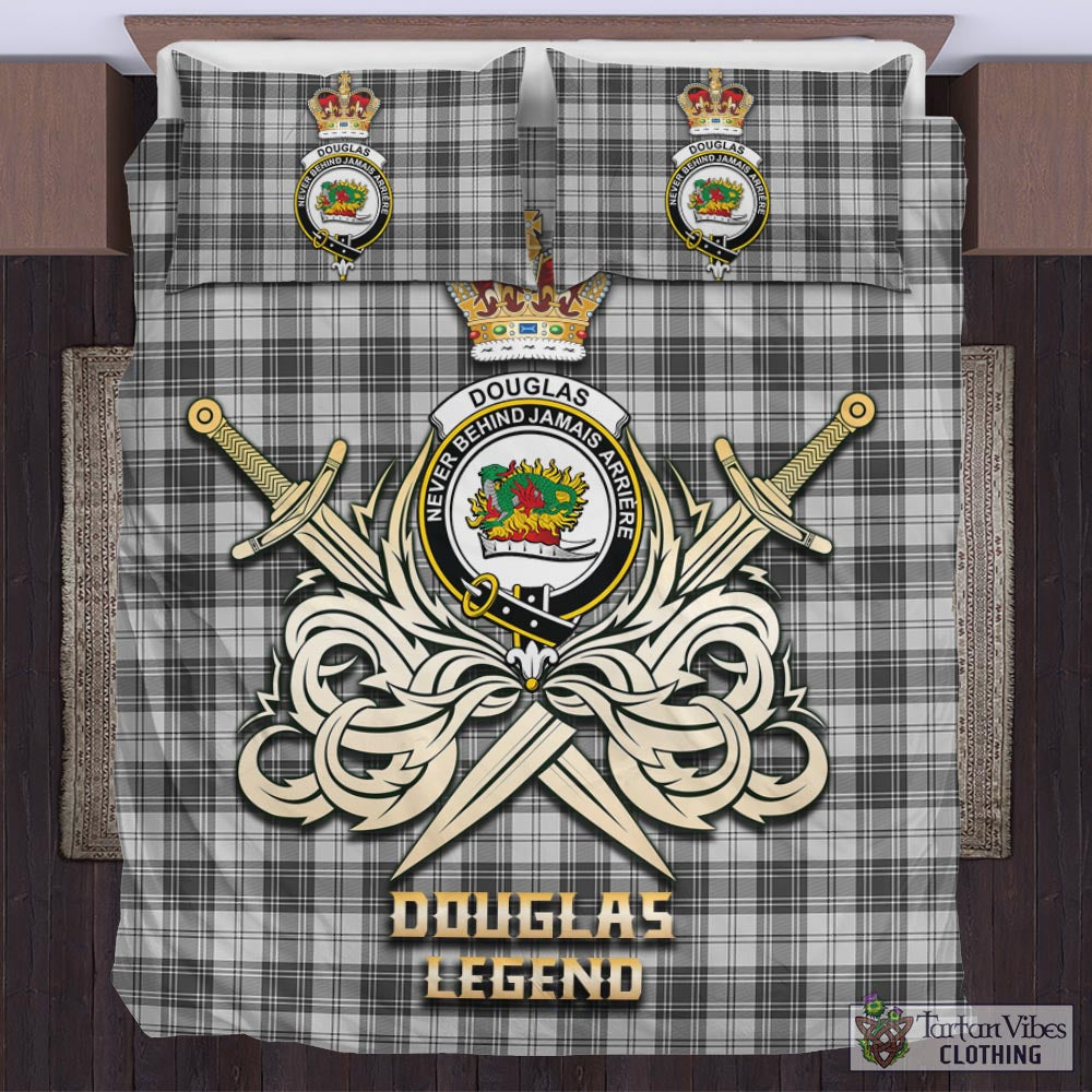 Tartan Vibes Clothing Douglas Grey Modern Tartan Bedding Set with Clan Crest and the Golden Sword of Courageous Legacy