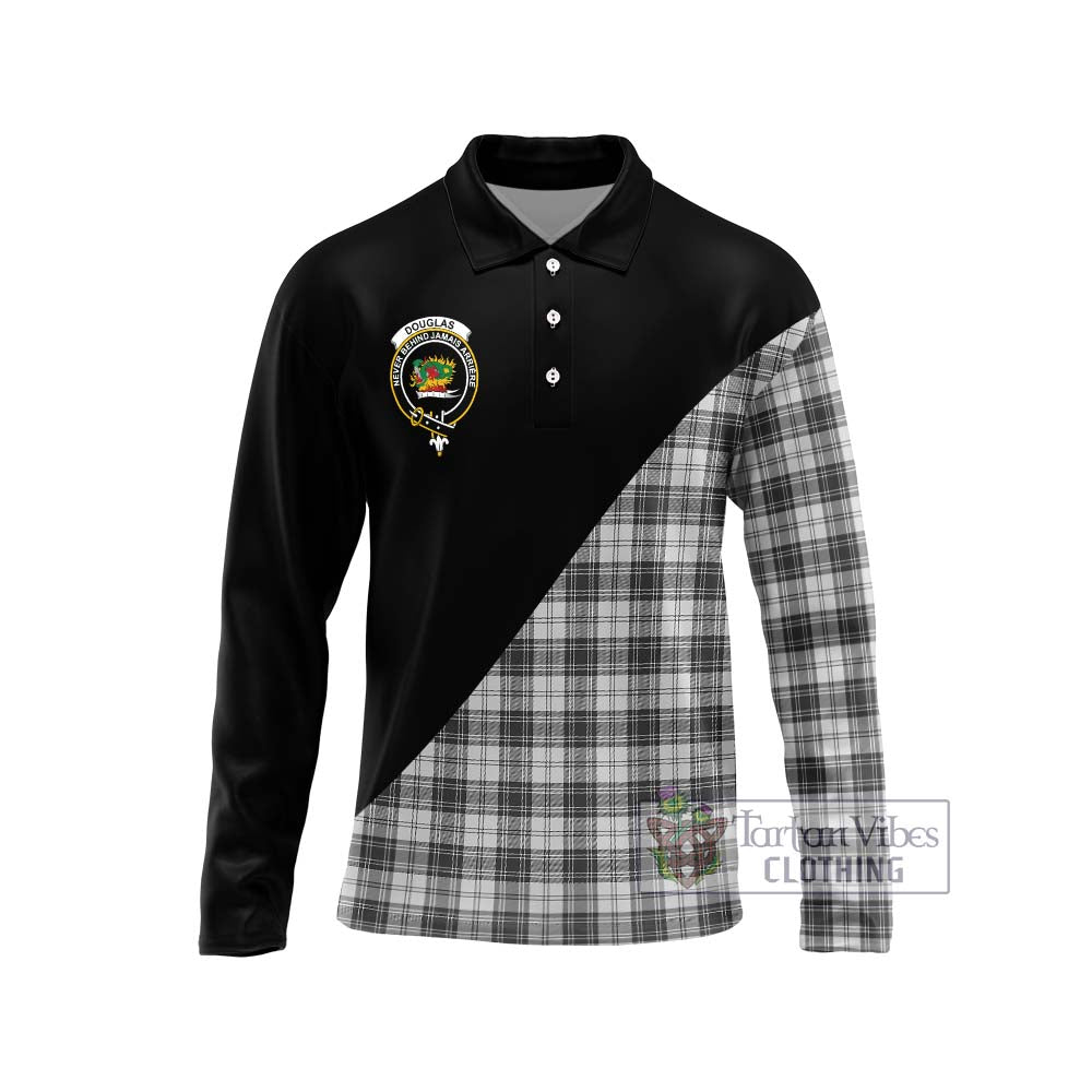 Douglas Grey Modern Tartan Long Sleeve Polo Shirt with Family Crest and Military Logo Style Unisex - Tartanvibesclothing Shop