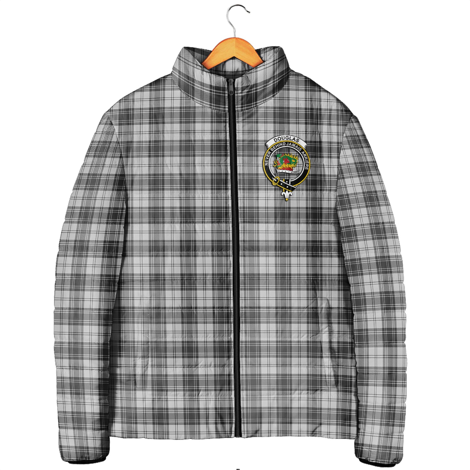 Douglas Grey Modern Tartan Padded Jacket with Family Crest Men's Padded Jacket - Tartan Vibes Clothing