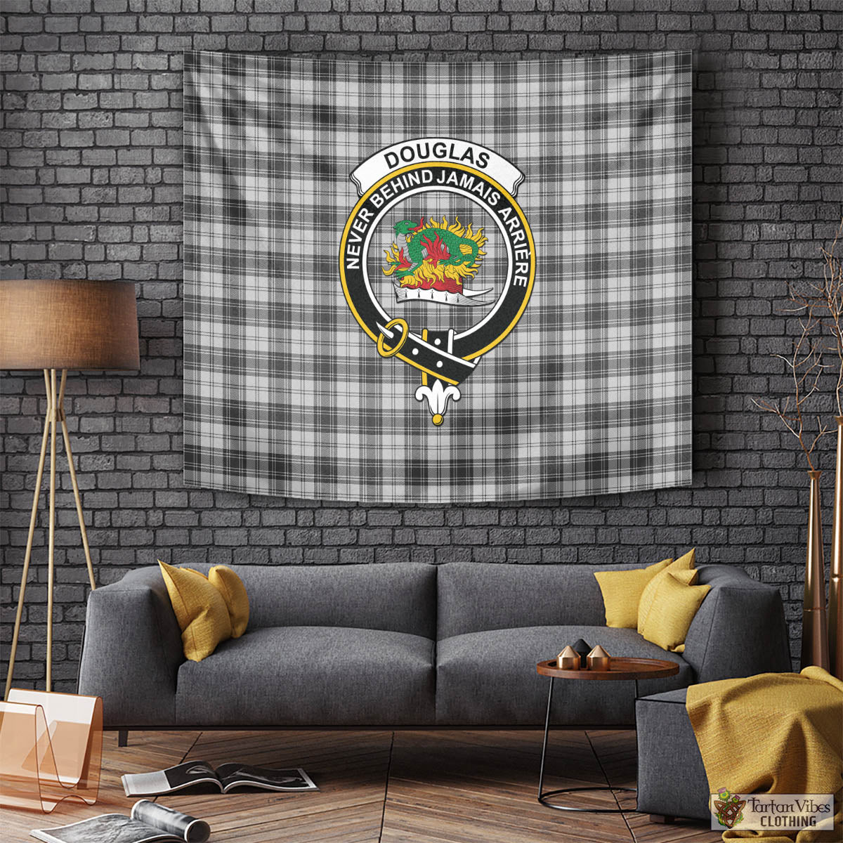 Tartan Vibes Clothing Douglas Grey Modern Tartan Tapestry Wall Hanging and Home Decor for Room with Family Crest