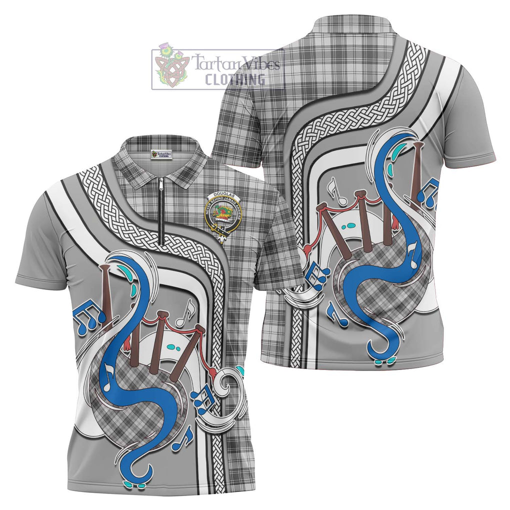 Douglas Grey Modern Tartan Zipper Polo Shirt with Epic Bagpipe Style Unisex - Tartanvibesclothing Shop