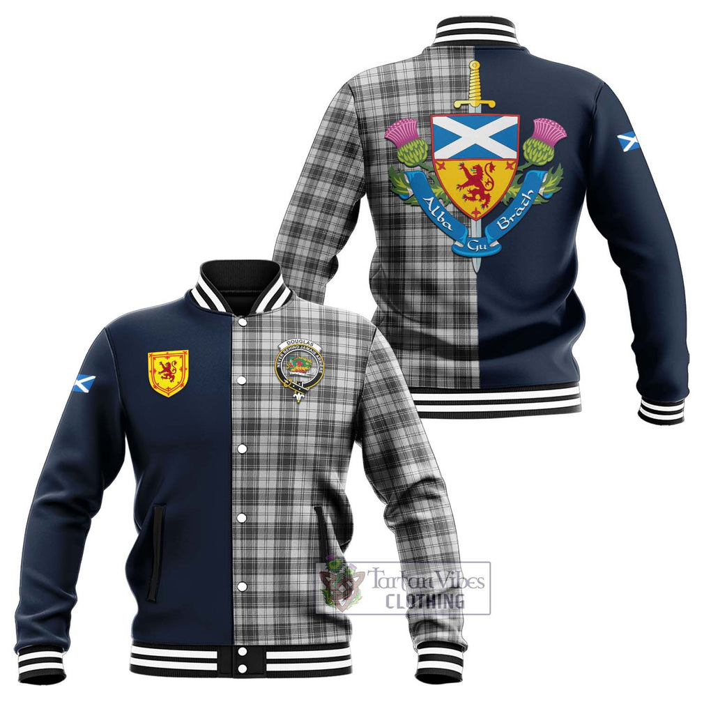 Tartan Vibes Clothing Douglas Grey Modern Tartan Baseball Jacket with Scottish Lion Royal Arm Half Style