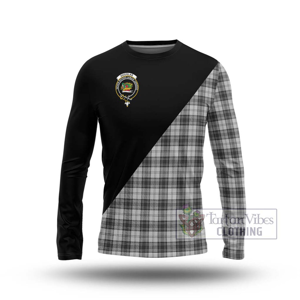 Douglas Grey Modern Tartan Long Sleeve T-Shirt with Family Crest and Military Logo Style Unisex - Tartanvibesclothing Shop