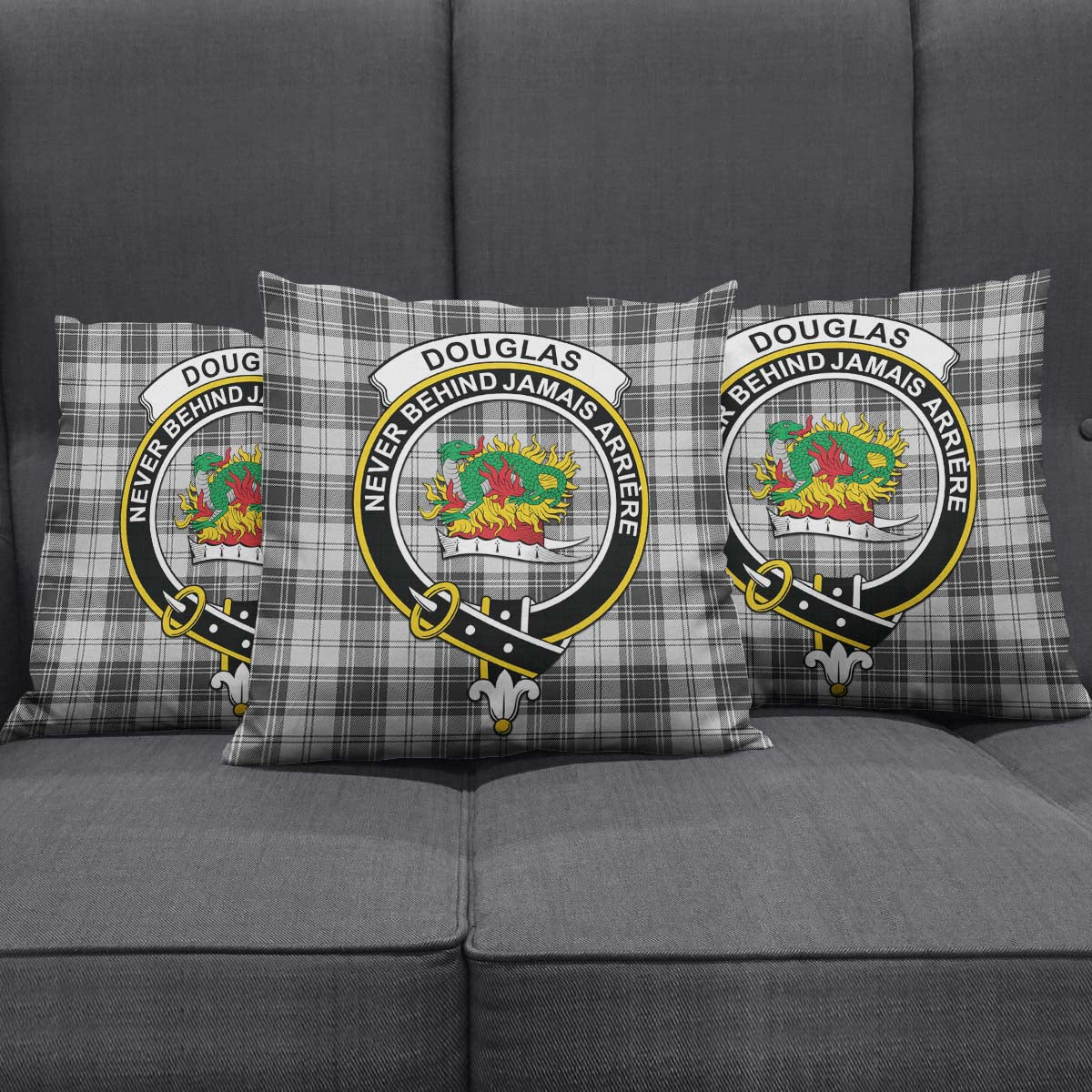 Douglas Grey Modern Tartan Pillow Cover with Family Crest Square Pillow Cover - Tartanvibesclothing