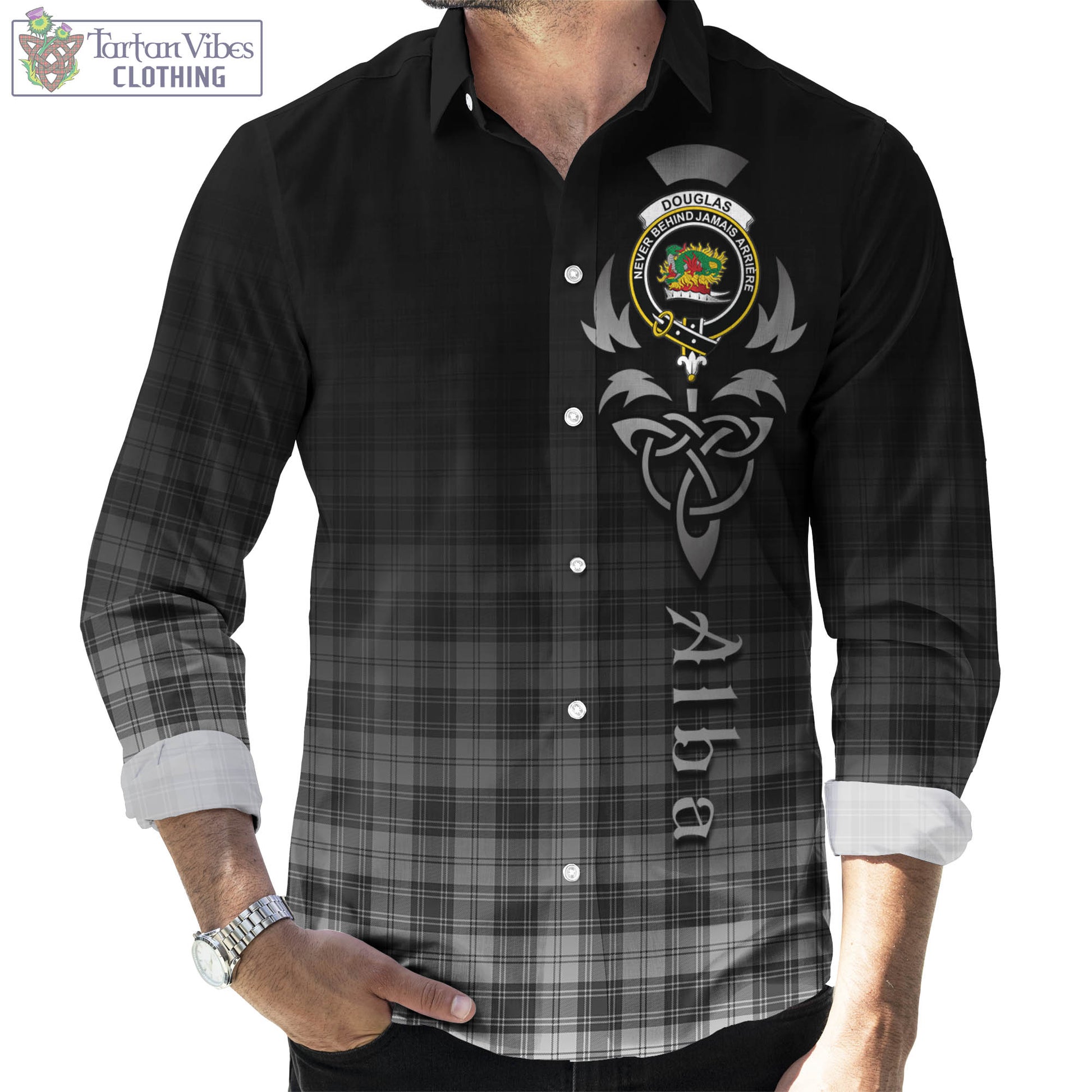 Tartan Vibes Clothing Douglas Grey Modern Tartan Long Sleeve Button Up Featuring Alba Gu Brath Family Crest Celtic Inspired