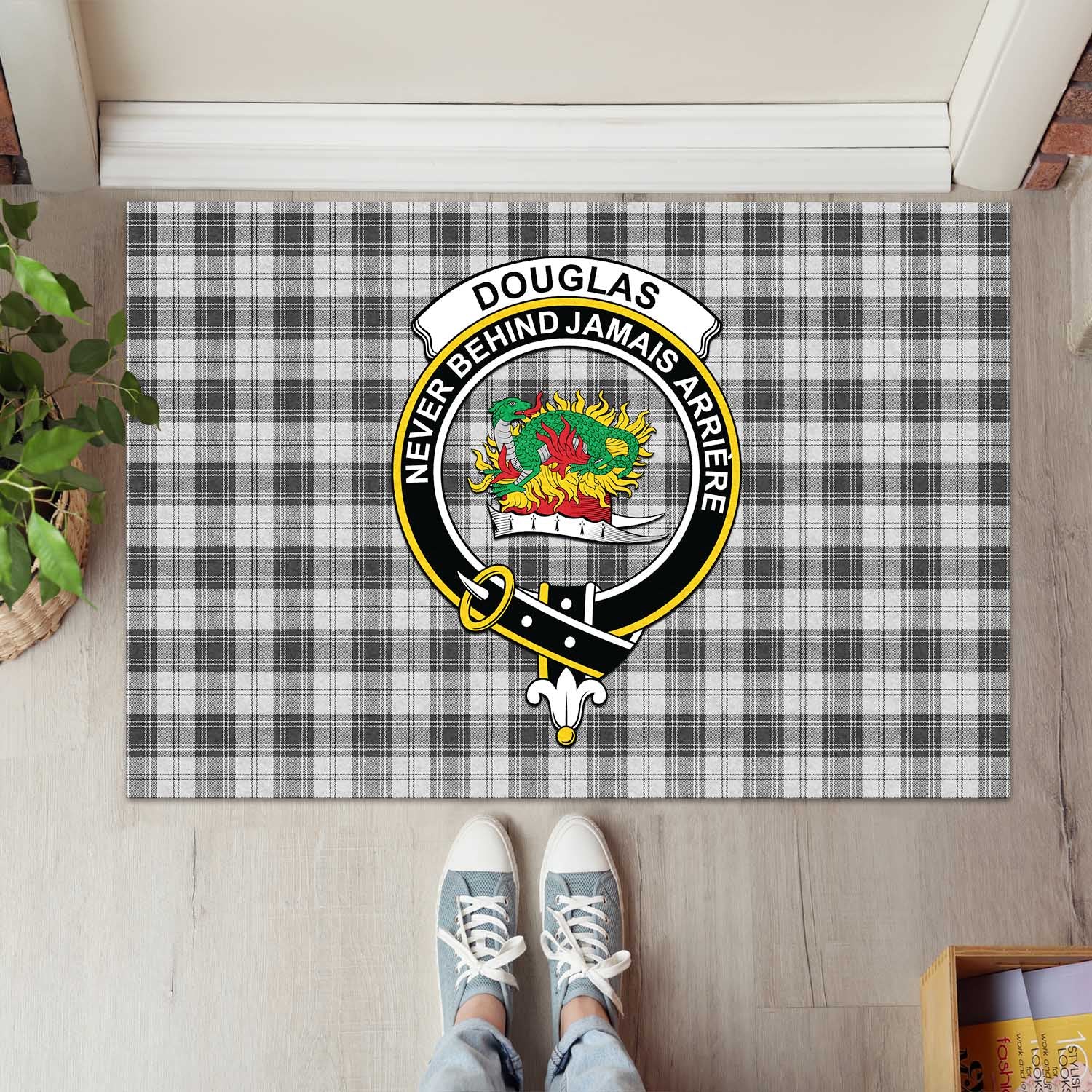 Douglas Grey Modern Tartan Door Mat with Family Crest - Tartanvibesclothing