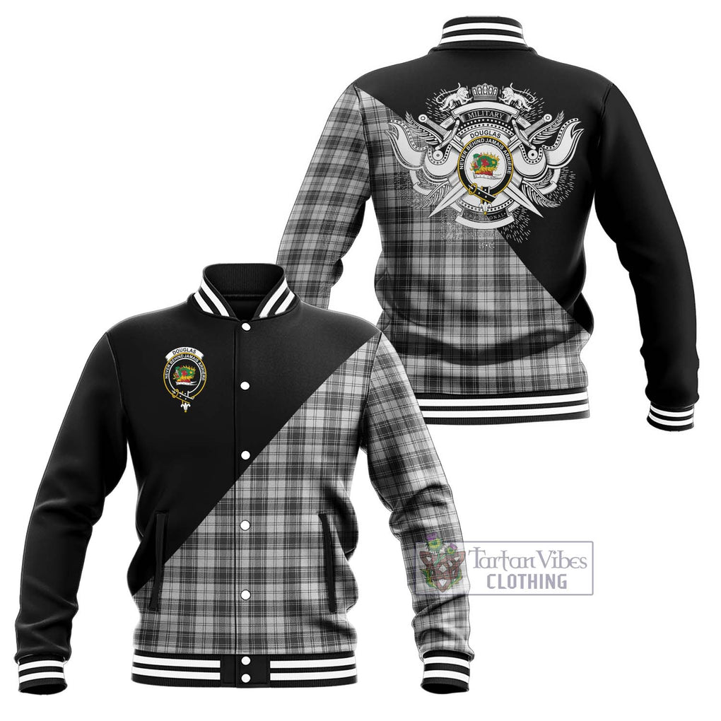 Douglas Grey Modern Tartan Baseball Jacket with Family Crest and Military Logo Style Unisex - Tartanvibesclothing Shop