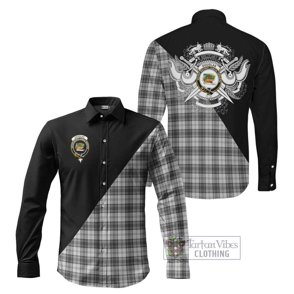 Douglas Grey Modern Tartan Long Sleeve Button Shirt with Family Crest and Military Logo Style Men's Shirt S - Tartanvibesclothing Shop