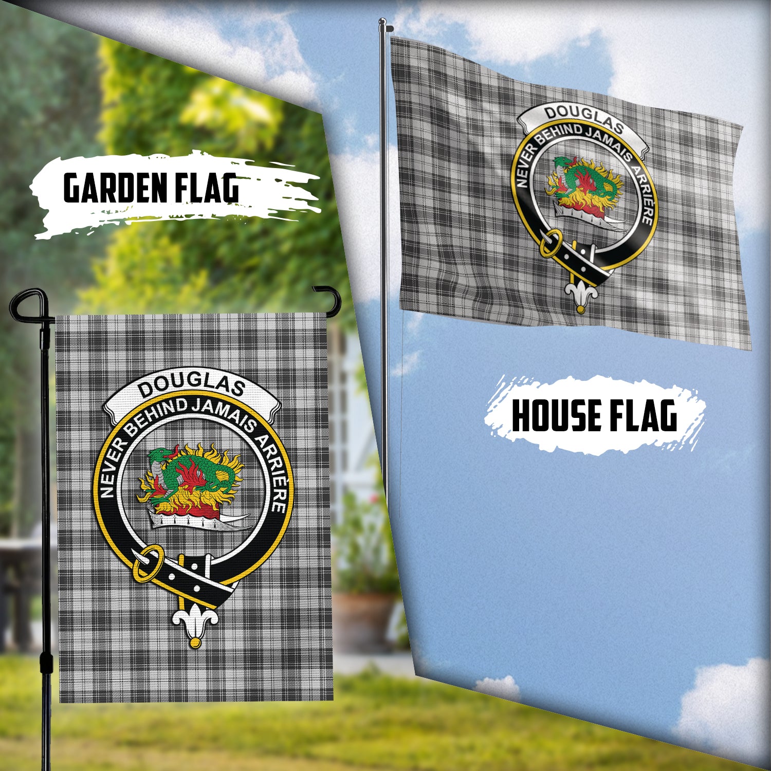 Douglas Grey Modern Tartan Flag with Family Crest Garden Flag (Vertical) - Tartan Vibes Clothing