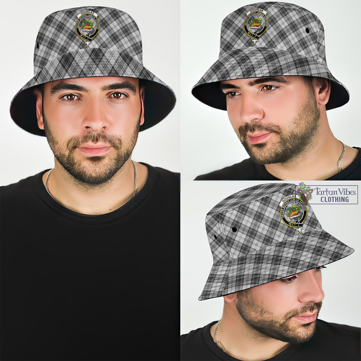 Tartan Vibes Clothing Douglas Grey Modern Tartan Bucket Hat with Family Crest