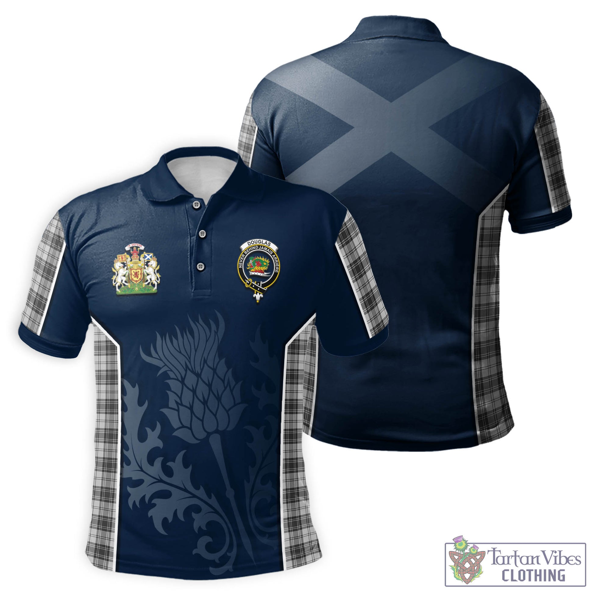 Tartan Vibes Clothing Douglas Grey Modern Tartan Men's Polo Shirt with Family Crest and Scottish Thistle Vibes Sport Style