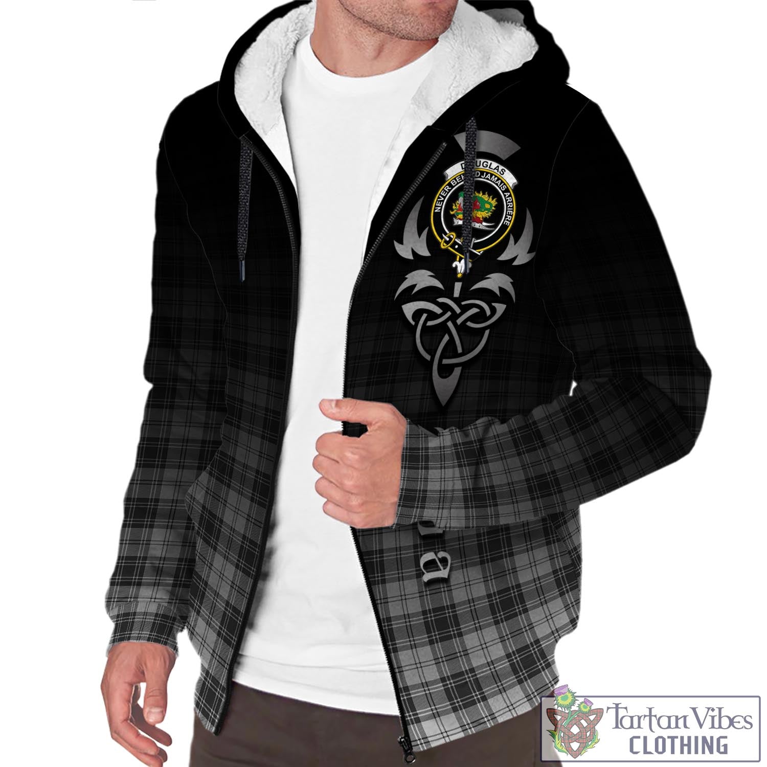 Tartan Vibes Clothing Douglas Grey Modern Tartan Sherpa Hoodie Featuring Alba Gu Brath Family Crest Celtic Inspired