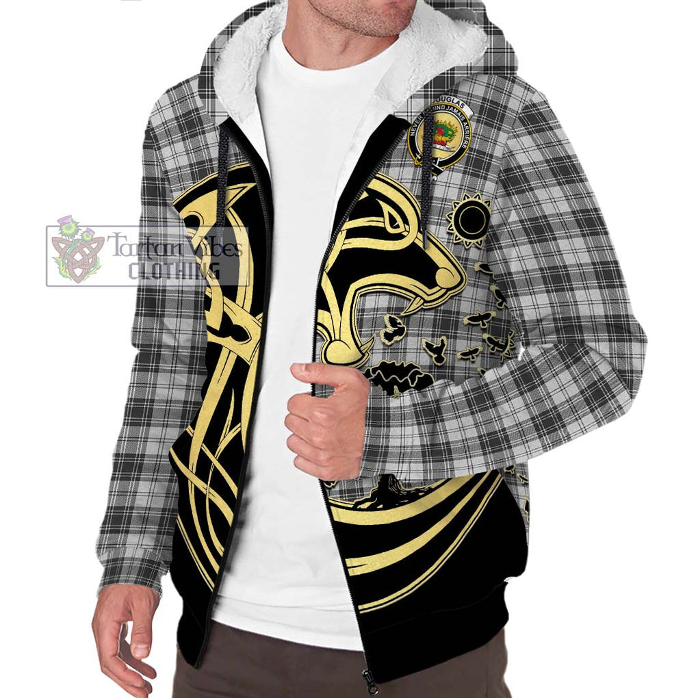 Douglas Grey Modern Tartan Sherpa Hoodie with Family Crest Celtic Wolf Style Unisex S - Tartan Vibes Clothing