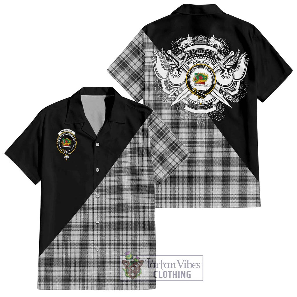 Douglas Grey Modern Tartan Short Sleeve Button Shirt with Family Crest and Military Logo Style Kid - Tartanvibesclothing Shop