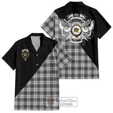 Douglas Grey Modern Tartan Short Sleeve Button Shirt with Family Crest and Military Logo Style