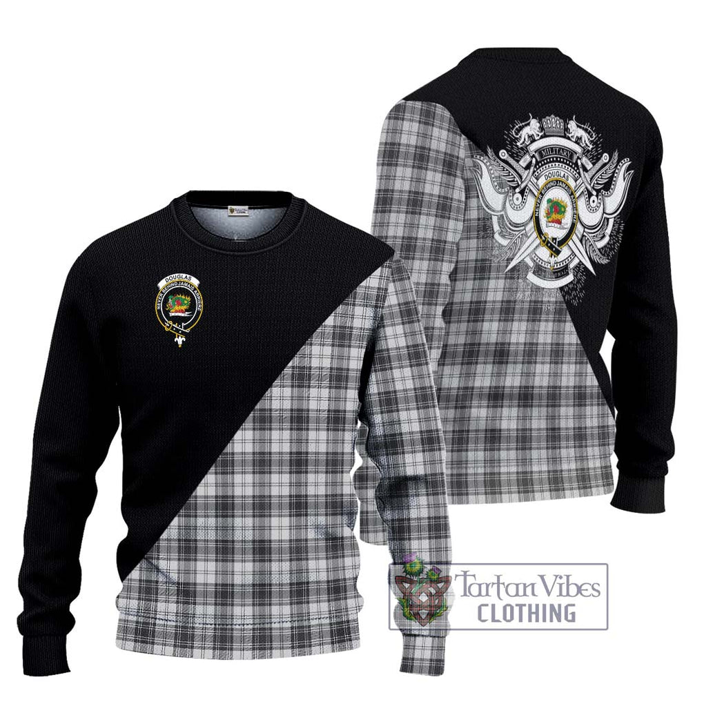 Douglas Grey Modern Tartan Knitted Sweater with Family Crest and Military Logo Style Unisex - Tartanvibesclothing Shop