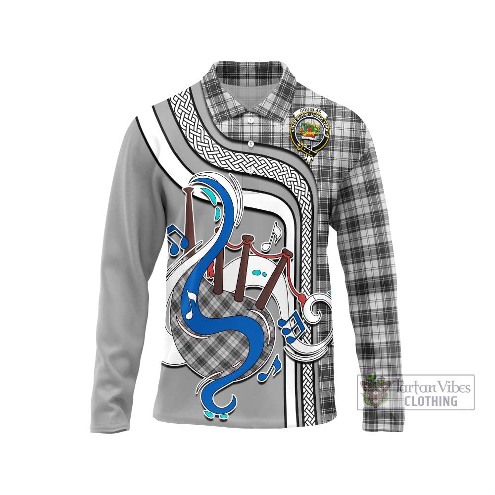 Tartan Vibes Clothing Douglas Grey Modern Tartan Long Sleeve Polo Shirt with Epic Bagpipe Style