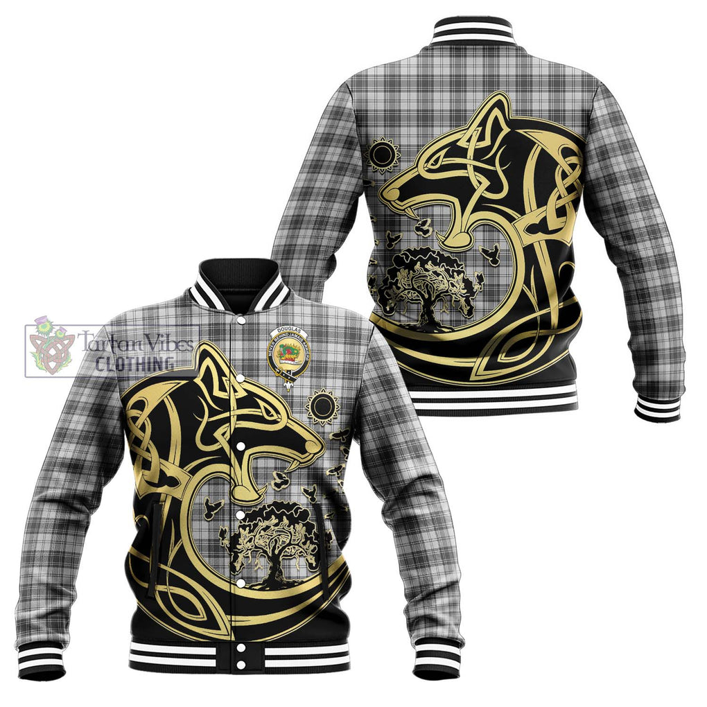 Douglas Grey Modern Tartan Baseball Jacket with Family Crest Celtic Wolf Style Unisex - Tartan Vibes Clothing