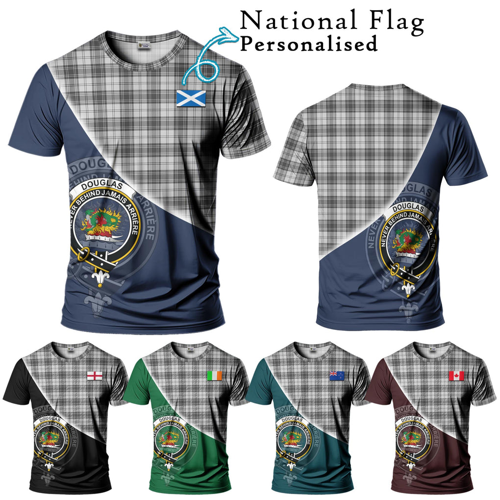 Douglas Grey Modern Tartan T-Shirt with Personalised National Flag and Family Crest Half Style Kid's Shirt - Tartanvibesclothing Shop