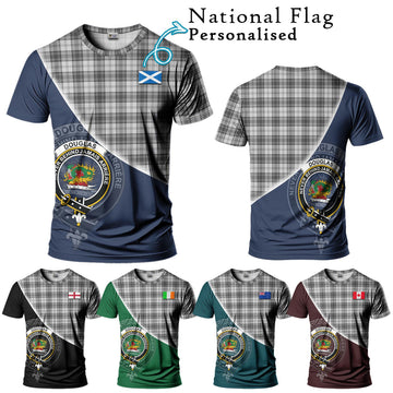 Douglas Grey Modern Tartan T-Shirt with Personalised National Flag and Family Crest Half Style