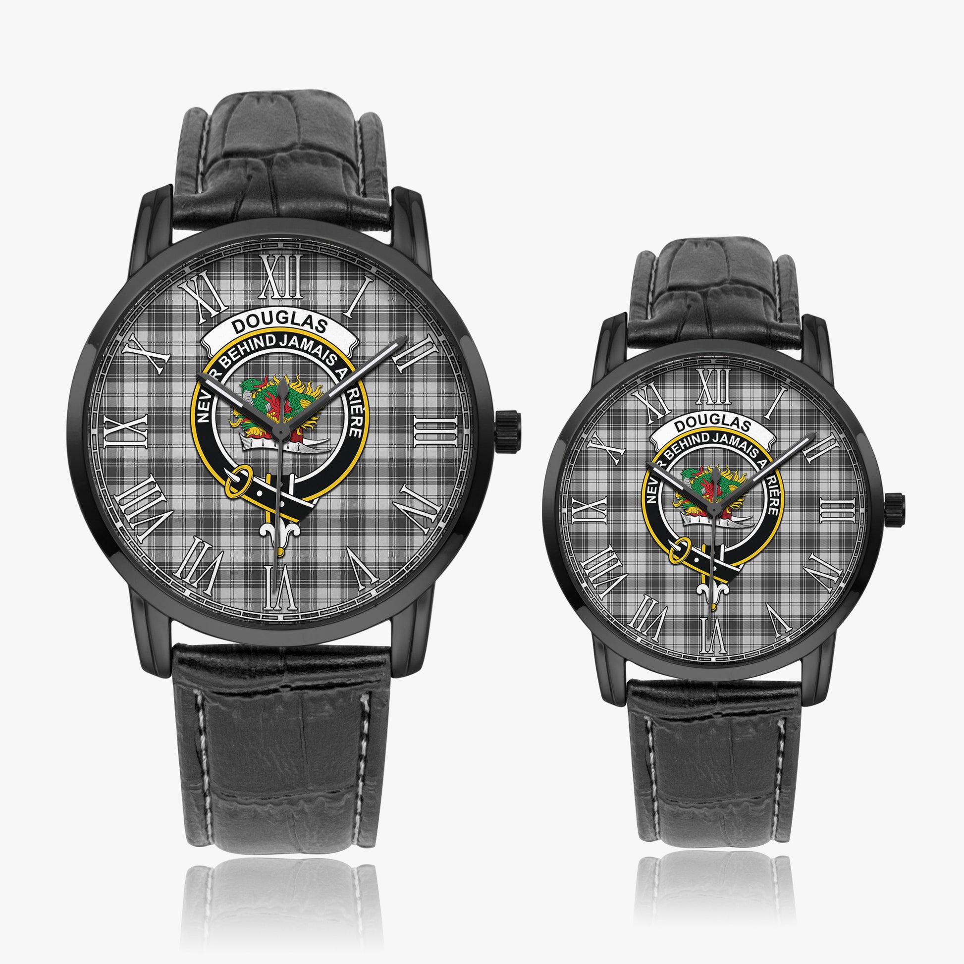 Douglas Grey Modern Tartan Family Crest Leather Strap Quartz Watch - Tartanvibesclothing