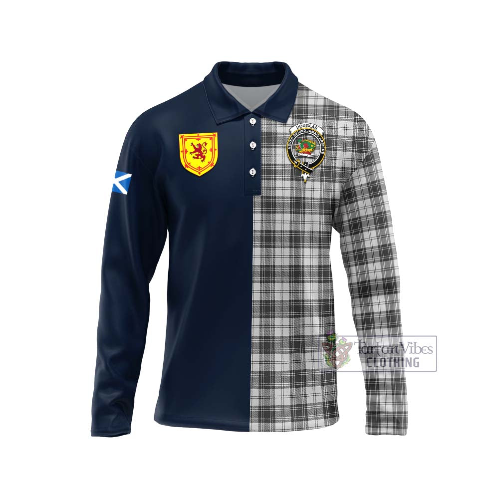 Tartan Vibes Clothing Douglas Grey Modern Tartan Long Sleeve Polo Shirt with Scottish Lion Royal Arm Half Style