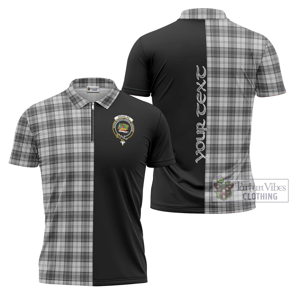 Douglas Grey Modern Tartan Zipper Polo Shirt with Family Crest and Half Of Me Style Unisex - Tartanvibesclothing Shop